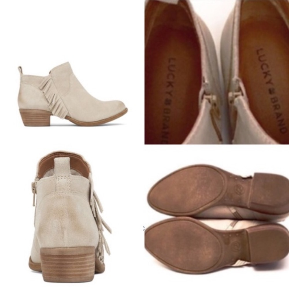- Lucky Brand Tan Banji Suede Leather Western Fringe Stacked Heel Booties - Picture 2 of 10
